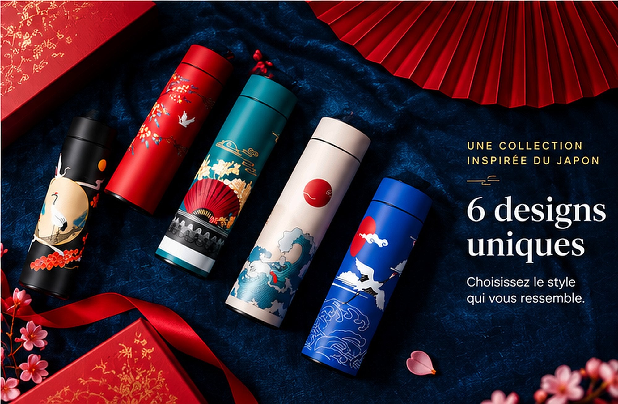 Plusieurs gourdes de la collection posées sur un tissu bleu